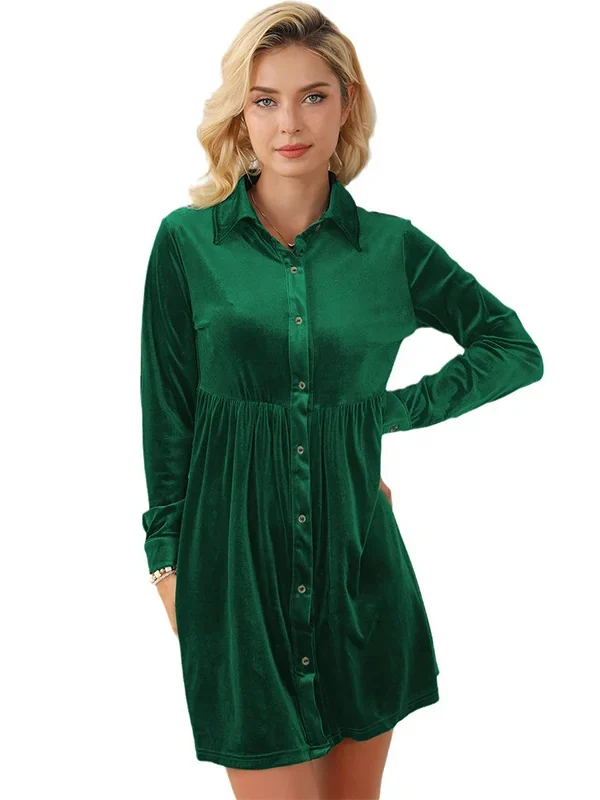 Womens Elegant Velvet Shirt Collar Long Sleeve High Waist Mini Dress
