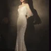 Womens Sequin Corduroy Off-Shoulder Half-Sleeve Long Fitted Mermaid Evening Dress
