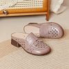 Womens Summer Top-Grain Leather Mules Closed Toe Chunky Heel Hollow Out Breathable