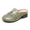 Womens Summer Top-Grain Leather Mules Closed Toe Chunky Heel Hollow Out Breathable