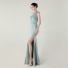 One-Shoulder Satin Pleated Slim-Fit Mermaid Evening Dress High Slit Party Wedding