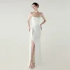 Satin Spaghetti Strap Slim Fit Mermaid Evening Dress High Slit Summer Party