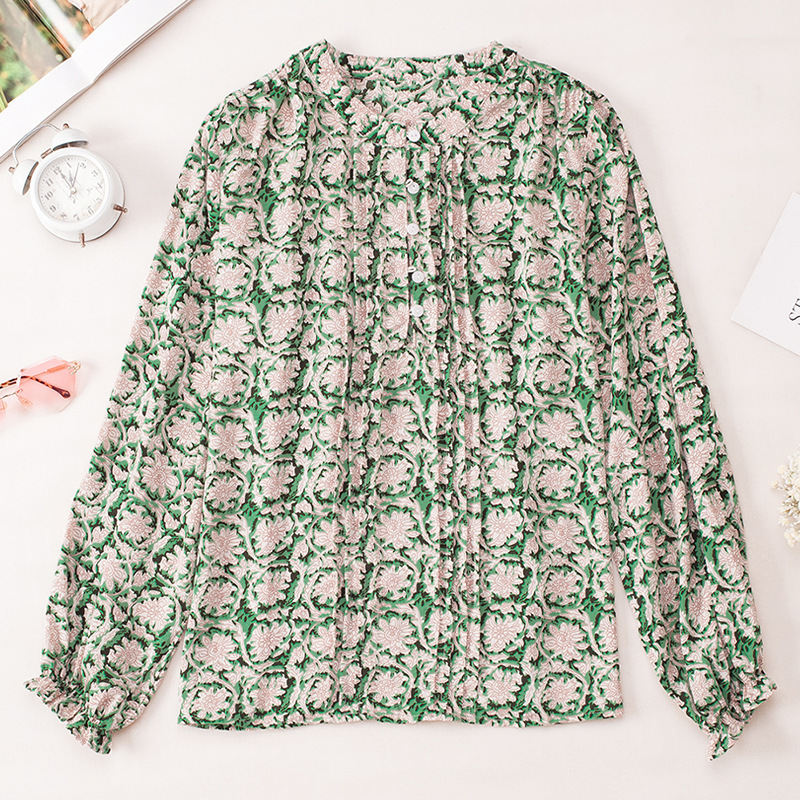 Womens Floral Print V-Neck Long Sleeve Slim Office Blouse