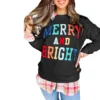 Womens Casual Loose Crew Neck Sweatshirt Colorful Letter Applique Contrast Long Sleeve