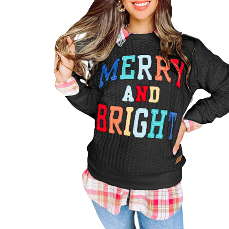 Womens Casual Loose Crew Neck Sweatshirt Colorful Letter Applique Contrast Long Sleeve