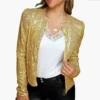 Spring Womens Sequin Block Stand Collar Short Slim Zip Casual Jacket