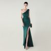 One-Shoulder Satin Pleated Slim-Fit Mermaid Evening Dress High Slit Party Wedding