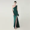 One-Shoulder Satin Pleated Slim-Fit Mermaid Evening Dress High Slit Party Wedding