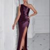 One Shoulder Backless Ruched Slim Fit Slit Midi Evening Party Dress