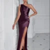 One Shoulder Backless Ruched Slim Fit Slit Midi Evening Party Dress