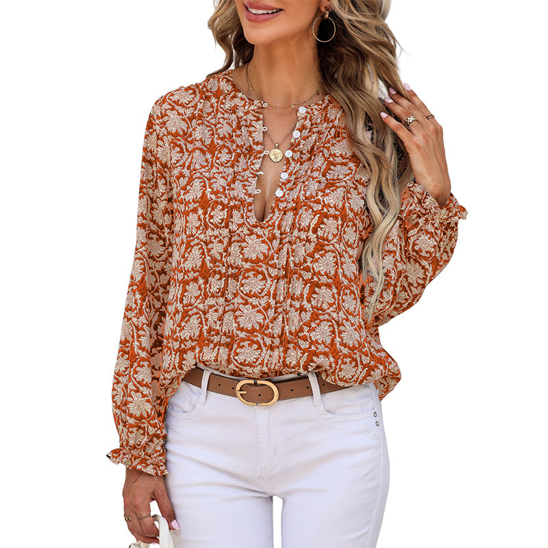 Womens Floral Print V-Neck Long Sleeve Slim Office Blouse