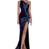 One Shoulder Backless Ruched Slim Fit Slit Midi Evening Party Dress