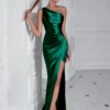 One Shoulder Backless Ruched Slim Fit Slit Midi Evening Party Dress