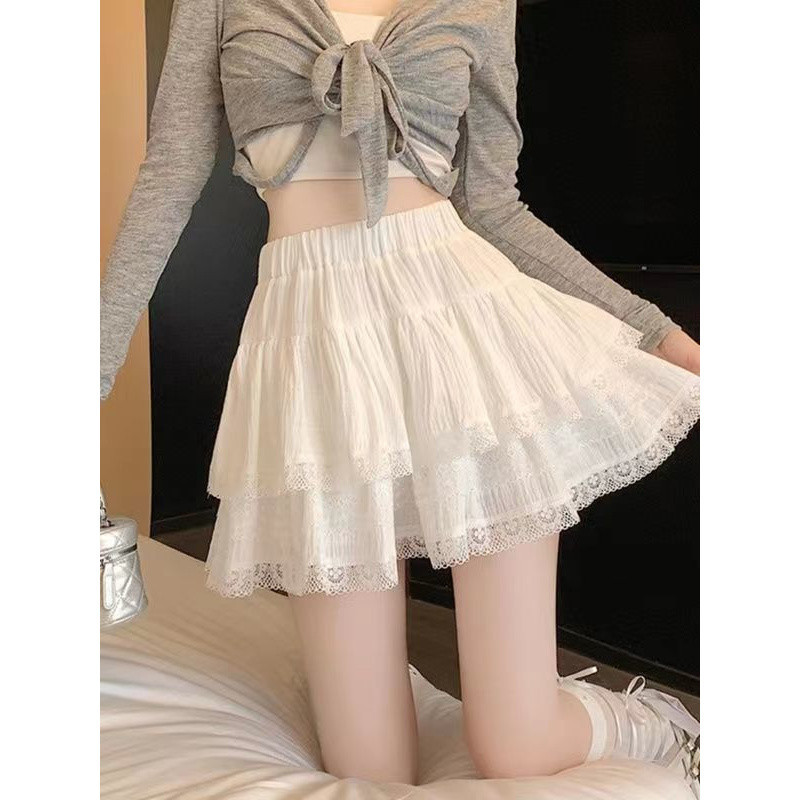 Womens French Tiered Mini Skirt High Waist Lace Ruffle