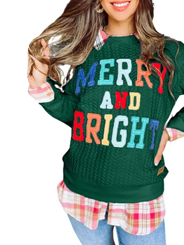 Womens Casual Loose Crew Neck Sweatshirt Colorful Letter Applique Contrast Long Sleeve