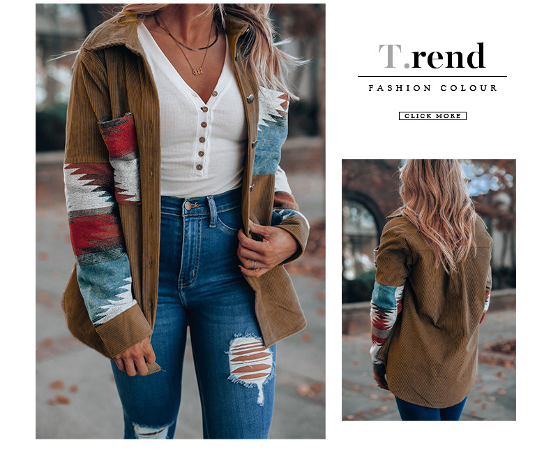 Womens Street Style Western Print Corduroy Loose Mid-Long Shirt Jacket