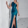 One Shoulder Backless Ruched Slim Fit Slit Midi Evening Party Dress