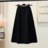 High Waist A-Line Midi Skirt Winter Solid Button Slimming