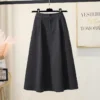 High Waist A-Line Midi Skirt Winter Solid Button Slimming
