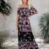 Off Shoulder Floral Digital Print Maxi Flared Plus Size Dress