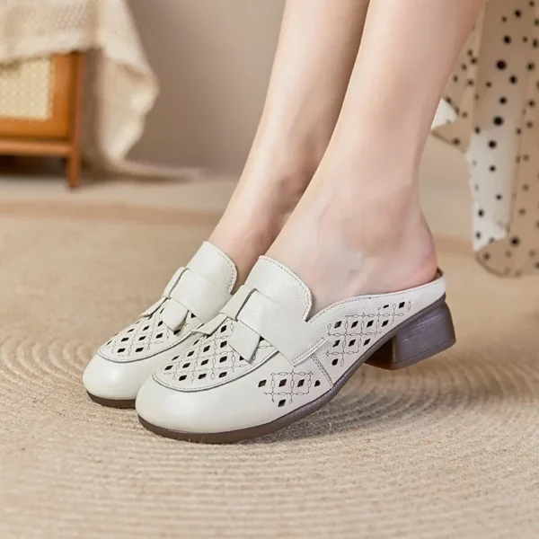 Womens Summer Top-Grain Leather Mules Closed Toe Chunky Heel Hollow Out Breathable