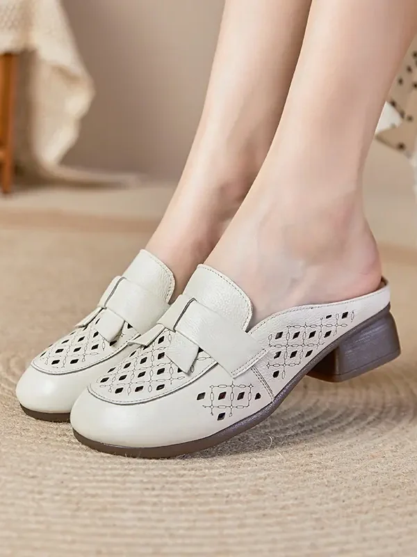 Womens Summer Top-Grain Leather Mules Closed Toe Chunky Heel Hollow Out Breathable