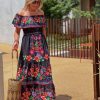 Off Shoulder Floral Digital Print Maxi Flared Plus Size Dress