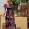 Off Shoulder Floral Digital Print Maxi Flared Plus Size Dress
