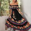 Off Shoulder Floral Digital Print Maxi Flared Plus Size Dress