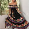 Off Shoulder Floral Digital Print Maxi Flared Plus Size Dress