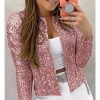 Spring Womens Sequin Block Stand Collar Short Slim Zip Casual Jacket