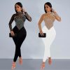 Womens Elegant Office Tulle Jumpsuit Rhinestone Long Sleeve Pants Black Apricot