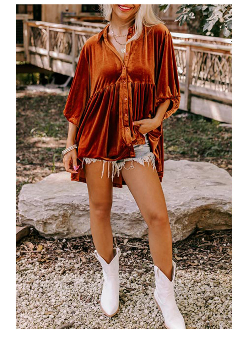 Womens Velvet Solid Loose Midi 3/4 Sleeve Lapel Single-Breasted Shirt