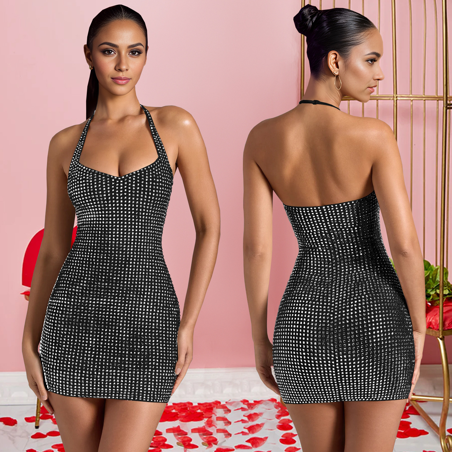 Halter Neck Rhinestone Bodycon Mini Dress Elegant High Waist