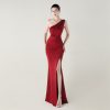 One-Shoulder Satin Pleated Slim-Fit Mermaid Evening Dress High Slit Party Wedding