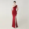 One-Shoulder Satin Pleated Slim-Fit Mermaid Evening Dress High Slit Party Wedding
