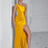 One Shoulder Backless Ruched Slim Fit Slit Midi Evening Party Dress