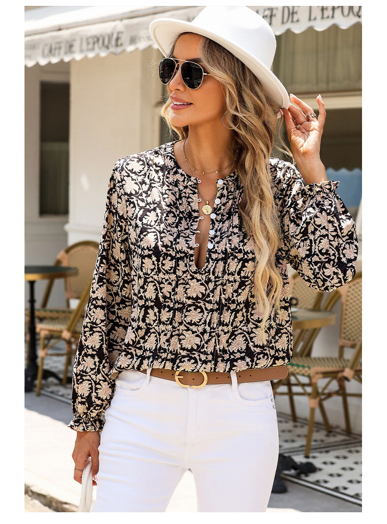 Womens Floral Print V-Neck Long Sleeve Slim Office Blouse