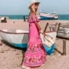 Off Shoulder Floral Digital Print Maxi Flared Plus Size Dress