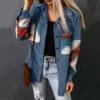 Womens Street Style Western Print Corduroy Loose Mid-Long Shirt Jacket
