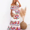 Off Shoulder Floral Digital Print Maxi Flared Plus Size Dress