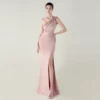 One-Shoulder Satin Pleated Slim-Fit Mermaid Evening Dress High Slit Party Wedding