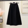 High Waist A-Line Midi Skirt Winter Solid Button Slimming