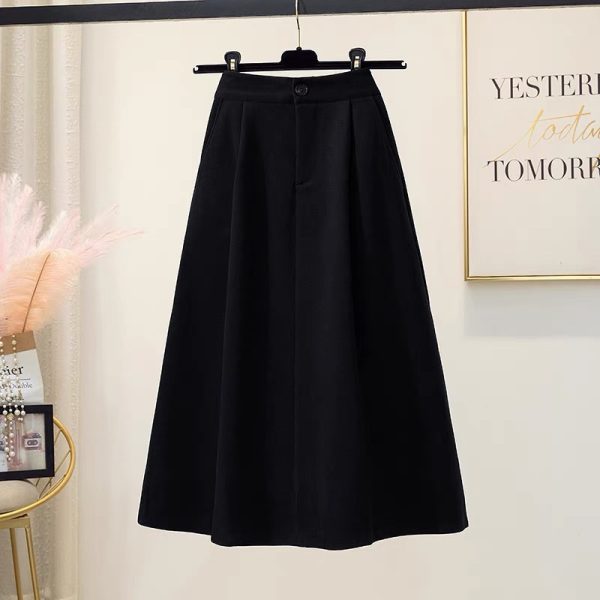 High Waist A-Line Midi Skirt Winter Solid Button Slimming