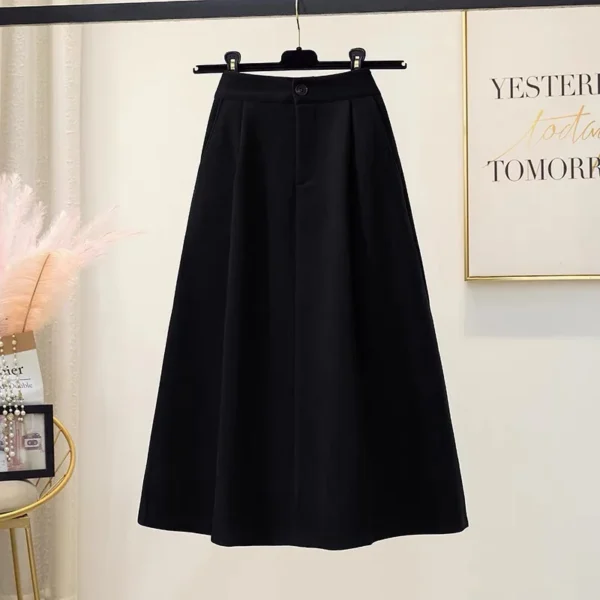 High Waist A-Line Midi Skirt Winter Solid Button Slimming