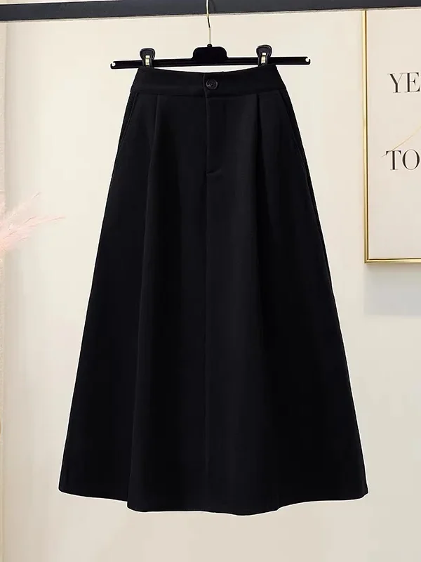 High Waist A-Line Midi Skirt Winter Solid Button Slimming