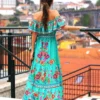 Off Shoulder Floral Digital Print Maxi Flared Plus Size Dress