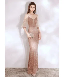 Womens Sequin Corduroy Off-Shoulder Half-Sleeve Long Fitted Mermaid Evening Dress