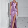 One Shoulder Backless Ruched Slim Fit Slit Midi Evening Party Dress