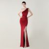 One-Shoulder Satin Pleated Slim-Fit Mermaid Evening Dress High Slit Party Wedding